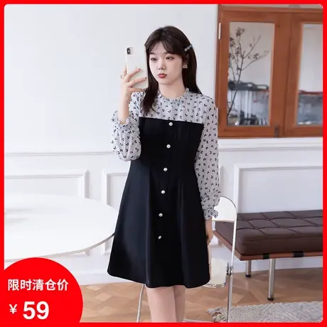 2024新款拼接撞色提花遮肉A字胖MM雪纺气质连衣裙显瘦大码图片