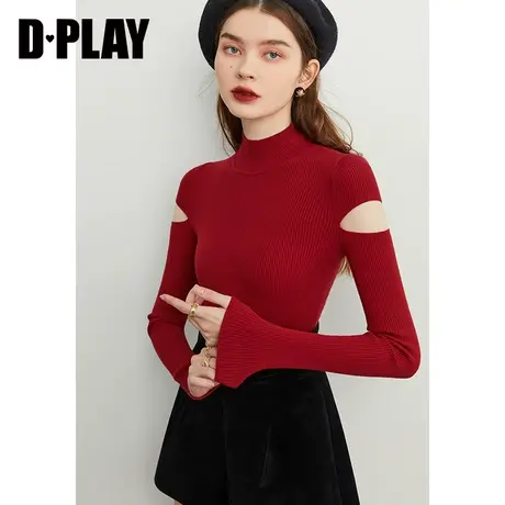 DPLAY秋装新短款女上衣法式复古红半高领修身镂空套头毛衣图片