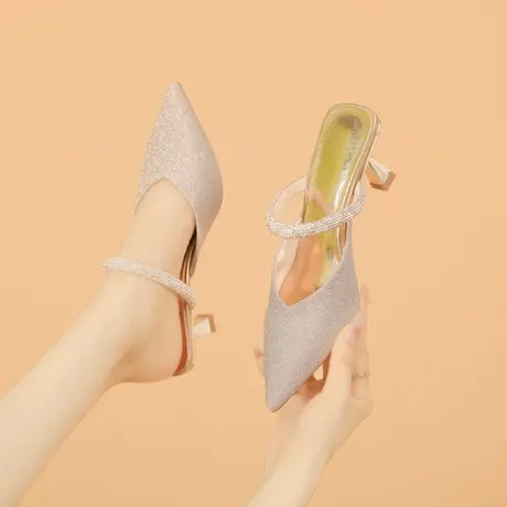 包头凉拖鞋女时尚外穿2024年夏季新款尖头水钻高跟鞋透气细跟半拖图片