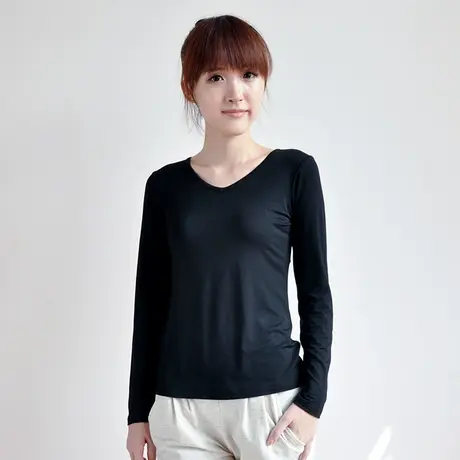 必菩带胸垫v领上衣女打底衫莫代尔面料长袖春秋季正肩t恤体恤额商品大图