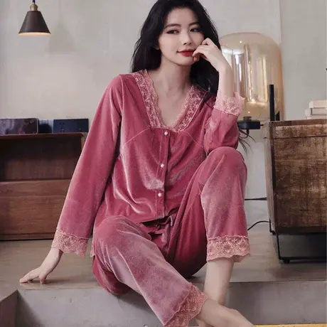 2023年新款睡衣女春秋季金丝绒长袖两件套装粉色大码可外穿家居服商品大图