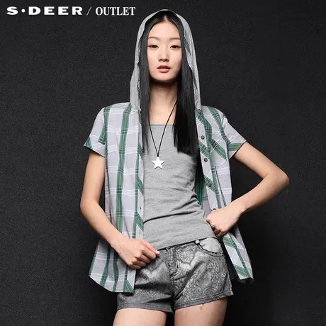 sdeer圣迪奥夏装女装清爽格纹带帽休闲衬衫2280432图片
