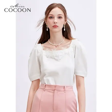 missCOCOON莱赛尔方领蕾丝短袖T恤女2023夏新款时尚宽松百搭上衣商品大图