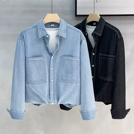 牛仔衬衫男士长袖春秋季款男生日系复古纯棉工装衬衣男款休闲外套商品大图