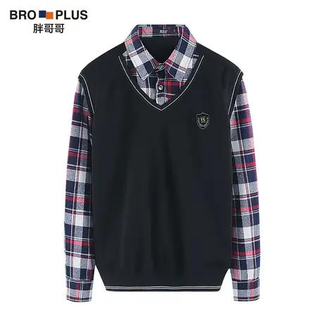 胖哥哥大码加绒假两件毛衣男春秋休闲衬衫领男士套头针织毛衫打底商品大图