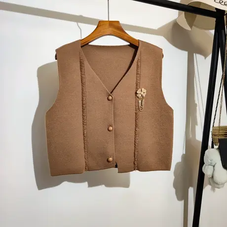 不规则流苏针织马甲女秋冬新款v领叠穿短款无袖坎肩毛衣背心外穿商品大图