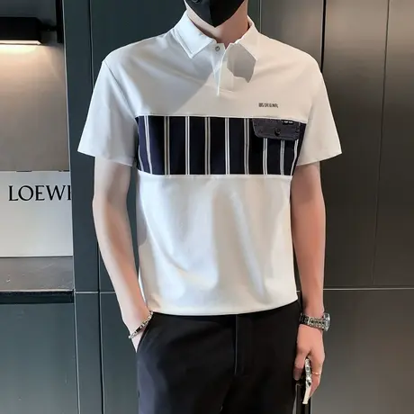 夏季拼接条纹POLO衫男ins痞帅休闲半截袖2023新款潮牌短袖T恤上衣商品大图