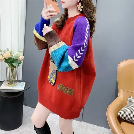 中长款卡通加厚圆领毛衣女秋冬2023年新款宽松慵懒风软糯减龄上衣商品大图