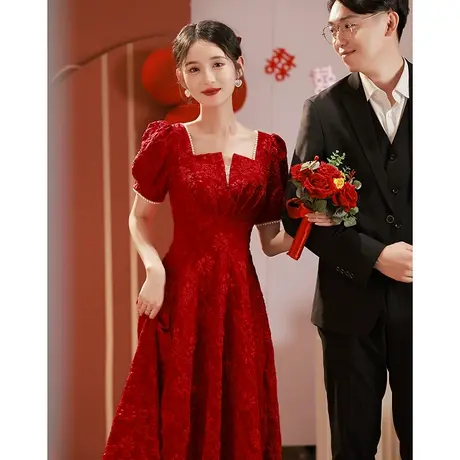 敬酒服新娘酒红色平时可穿法式宫廷风夏季订婚连衣裙别致红裙礼服商品大图
