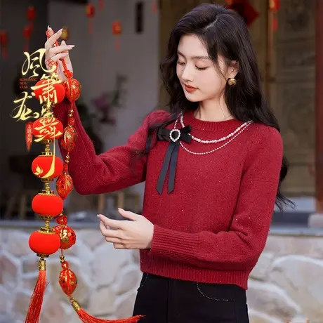 【新年搭配】【新年战袍】香影大红色毛衣女秋冬本命龙年衣服蝴蝶商品大图