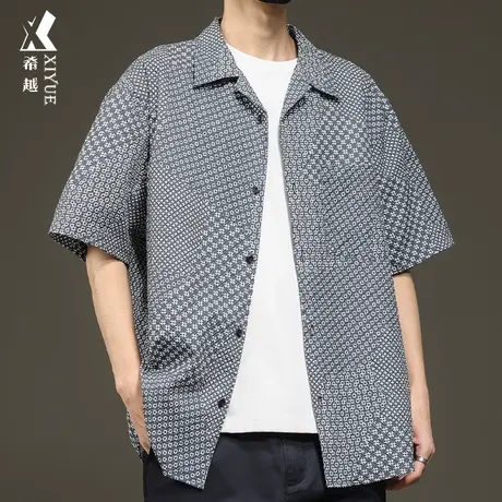 希越日系复古短袖衬衫男2024春夏新款宽松大码夏威夷风五分袖衬衣图片