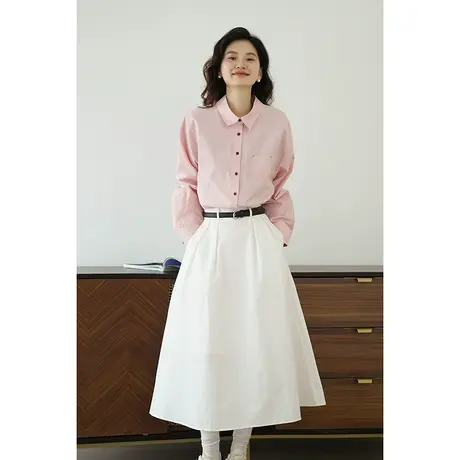 嘉茱莉2024春季新款POLO领衬衫外套女百搭宽松法式上衣1OO棉衬衣商品大图