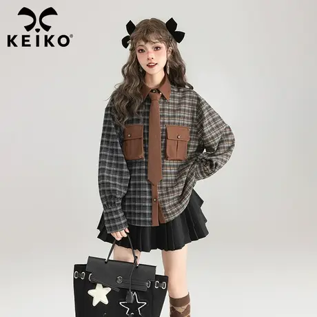 KEIKO 美式复古格子长袖衬衫女2025春季学院风立体口袋宽松上衣图片