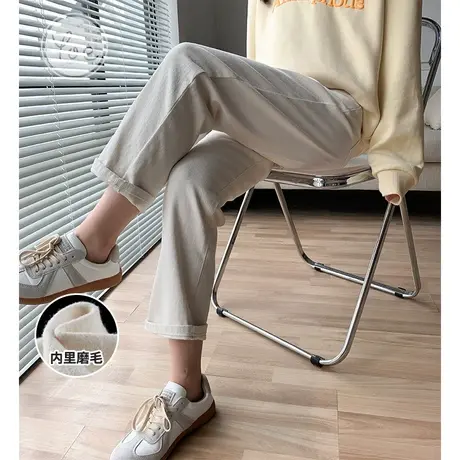 yoe牛仔裤女显高修身休闲复古白色设计感女抓绒高街洋气裤子女款图片
