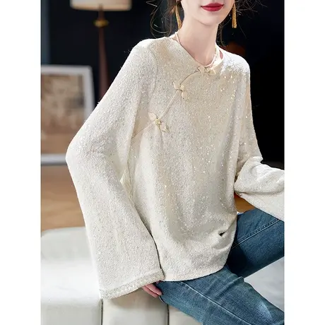 宝诗黎圆领盘扣亮丝雪纺衫2024新款简约百搭春季短款休闲上衣女图片