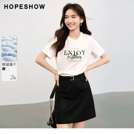 红袖主题印花圆领套头短袖hopeshow2024春季新款通勤简约速干T恤商品大图
