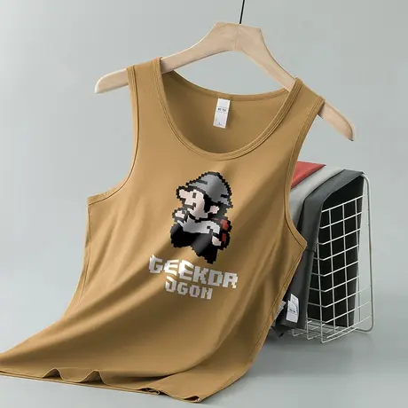 莫代尔无袖背心男夏季像素印花运动坎肩健身速干冰丝凉感宽肩吊带图片