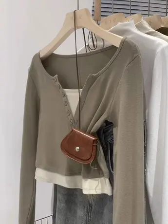 假两件长袖t恤女秋季打底修身别致独特小众设计感辣妹v领短款上衣商品大图