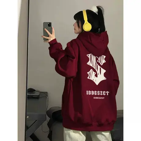酒红色设计感连帽卫衣女秋冬季加绒加厚ins潮牌小众宽松大码外套图片