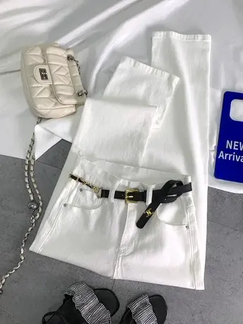 东大门白色牛仔小直筒裤女2024春季新款显瘦百搭高腰裤弹力烟管裤商品大图