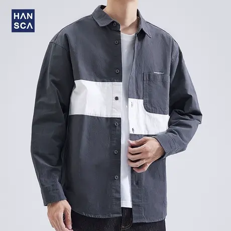 hansca衬衫男长袖春季日系复古潮流撞色拼接纯棉宽松休闲工装外套商品大图