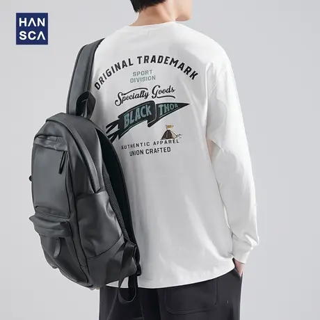 hansca 秋季260g重磅纯棉长袖t恤男士白色圆领宽松休闲印花打底衫商品大图