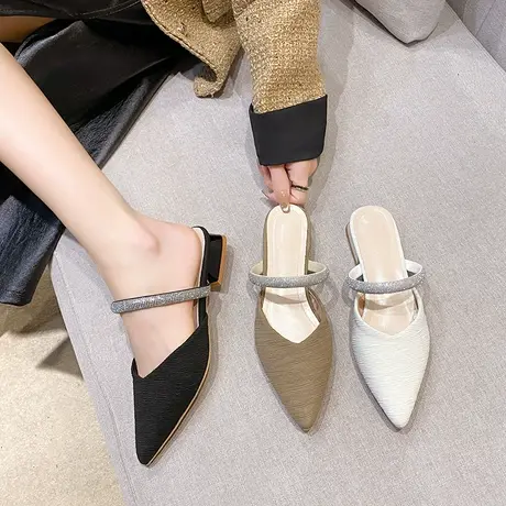 包头拖鞋女外穿2024年春夏季新款气质尖头浅口单鞋法式粗跟半拖鞋图片