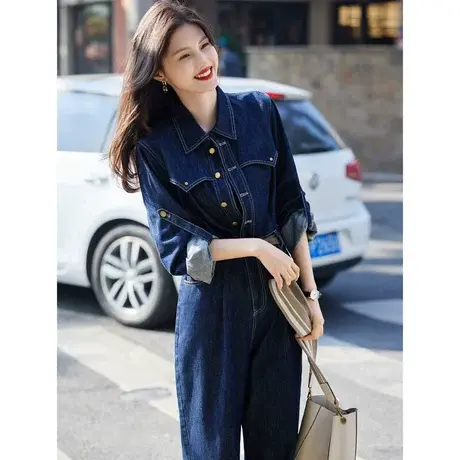 时尚牛仔连体裤2024年春季新款通勤百搭收腰显瘦复古休闲连体衣商品大图