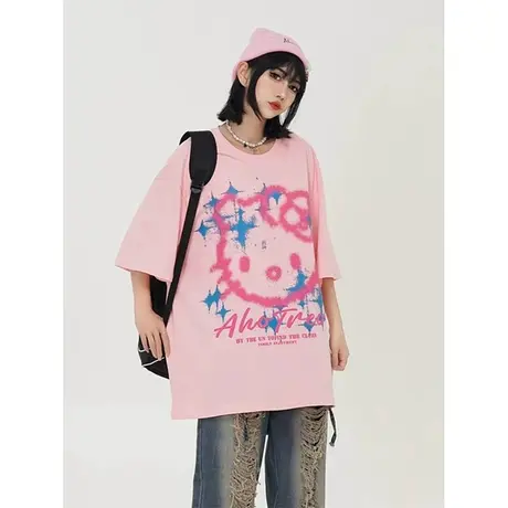 夏季小众设计感原创卡通图案大版宽松中长款t恤休闲正肩百搭短袖图片