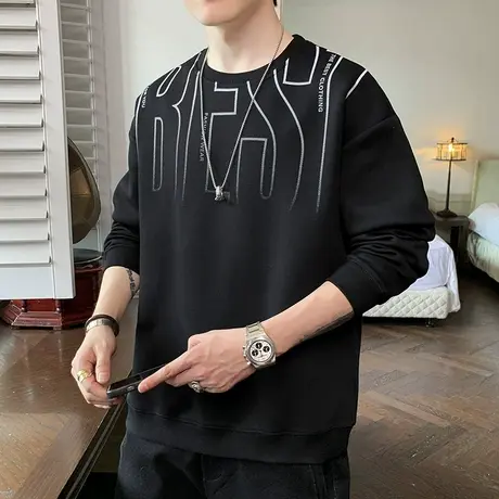 秋天日系港风潮牌印花卫衣秋季男装宽松痞帅黑色长袖春秋款上衣服商品大图