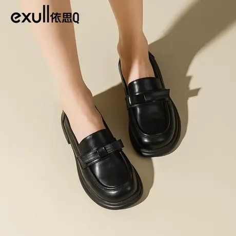 依思q乐福鞋女2023秋冬新款英伦蝴蝶结软底单鞋学院风小皮鞋黑色商品大图