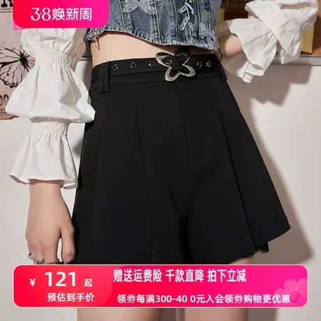 【商场同款】妖精的口袋高腰黑色裙裤女2023春夏新款休闲宽松短裤商品大图