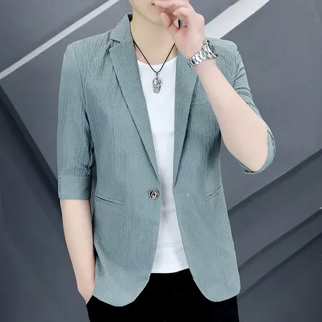 夏季轻薄款男士西服潮流韩版纯色百搭上衣新款七分中袖小西装外套商品大图