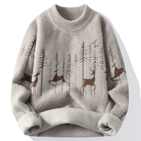 毛衣男秋冬季加绒加厚宽松保暖衣潮流慵懒风圆领男士打底衫毛线衣商品大图