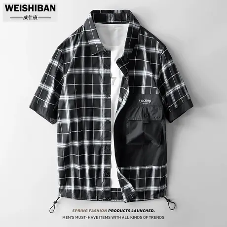 夏季格子短袖衬衫男潮流撞色拼接大口袋抽绳下摆半截袖衬衣式上衣图片