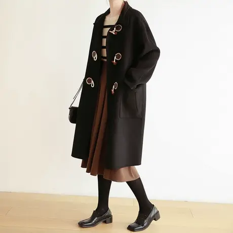 嘉茱莉850g高克重双面呢大衣女2022秋冬新款中长款牛角扣毛呢外套商品大图