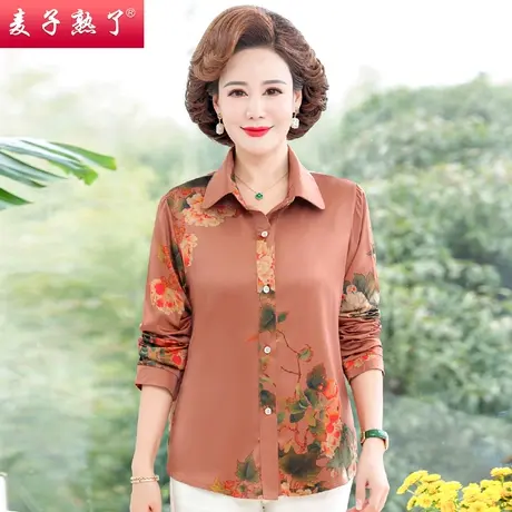 妈妈秋装新款2023长袖衬衫洋气花上衣服T恤婆婆套装中老年人女装商品大图