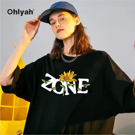 Ohlyah向日葵花卉半袖嘻哈潮牌美式复古纯棉短袖T恤男女夏季重磅商品大图