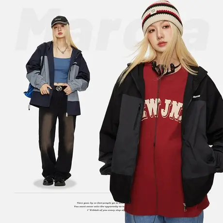 设计感潮牌拼接连帽冲锋衣女外套春秋款2023新款复古宽松运动夹克商品大图