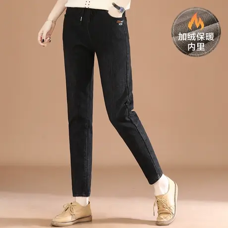 韩潮袭人刺绣松紧高腰黑色加绒牛仔裤女2023冬装小脚休闲哈伦裤厚商品大图