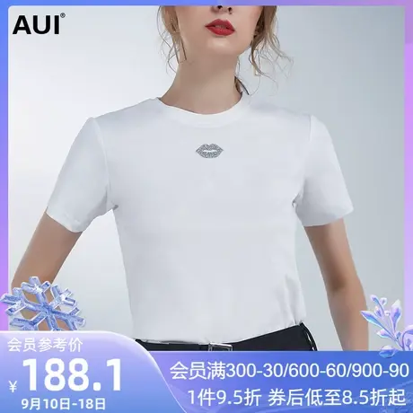 AUI白色时尚纯棉短袖T恤女2022夏季新款气质休闲针织修身显瘦上衣商品大图