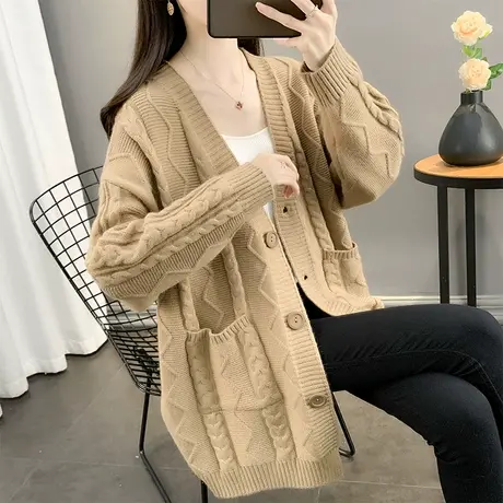 毛衣外套开衫秋季2023新款女装宽松v领麻花口袋外搭针织上衣洋气商品大图