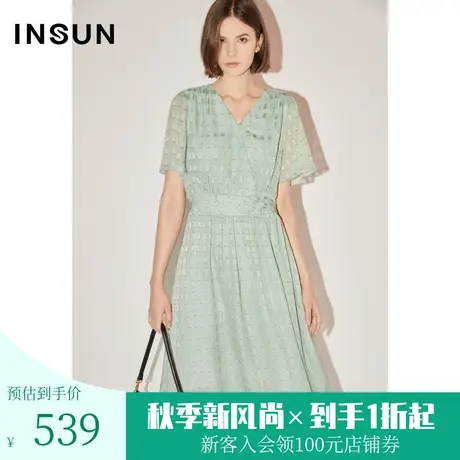 恩裳COVER夏新品几何亮丝方格剪花腰间打条显瘦雪纺连衣裙图片