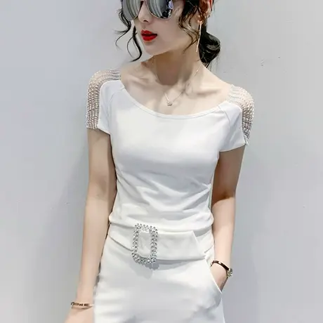 性感镂空露锁骨T恤女短袖2023新款夏装设计感洋气上衣修身小衫潮商品大图