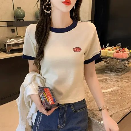 纯棉短袖t恤女装2023年夏季新款设计感小众修身显瘦短款上衣ins潮图片