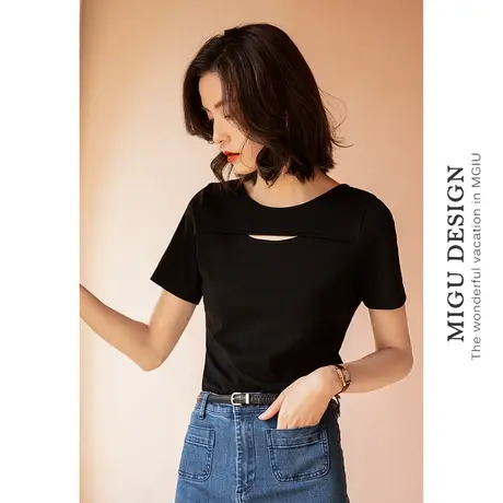 弥古设计感小众圆领短袖t恤修身黑色小心机法式锁骨镂空上衣女夏图片