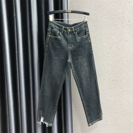 港味简约休闲破洞高腰烟管裤潮2023秋季新款修身显瘦牛仔直筒裤女图片