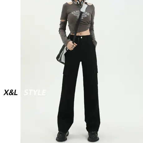 黑色工装裤女秋冬2023新款休闲运动显瘦加绒宽松垂感阔腿牛仔裤子图片