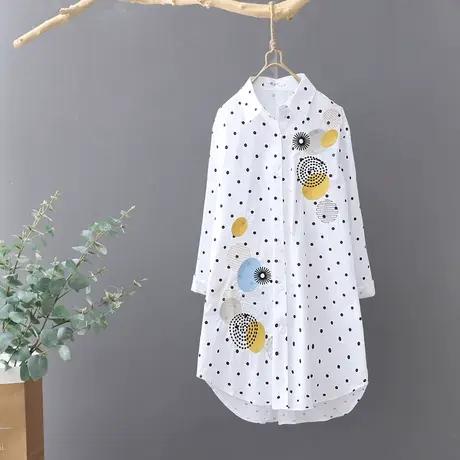 中长款纯棉圆点衬衣女设计感小众文艺刺绣百搭宽松长袖衬衫打底衫图片