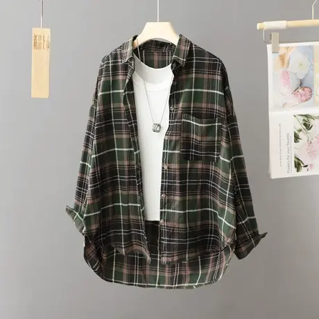 格子衬衫外套女中长款秋季2023年新款洋气宽松上衣大码复古衬衣潮图片